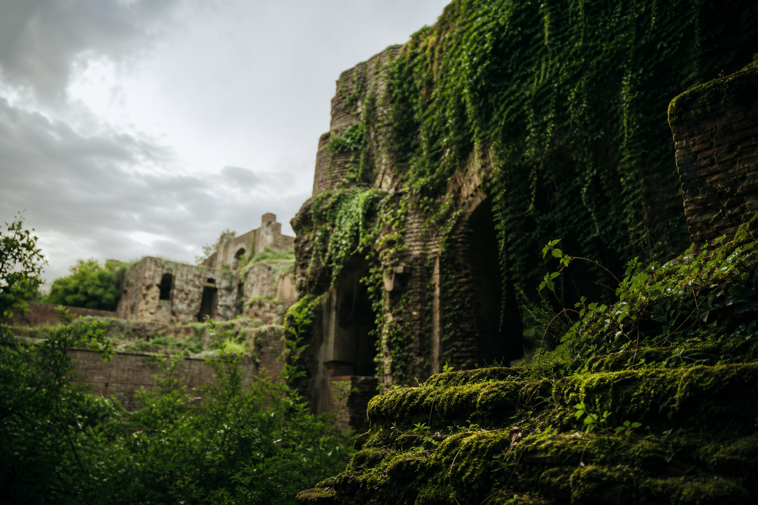 Antiche rovine romane ricoperte di vegetazione, a simboleggiare il lascito duraturo delle civiltà.