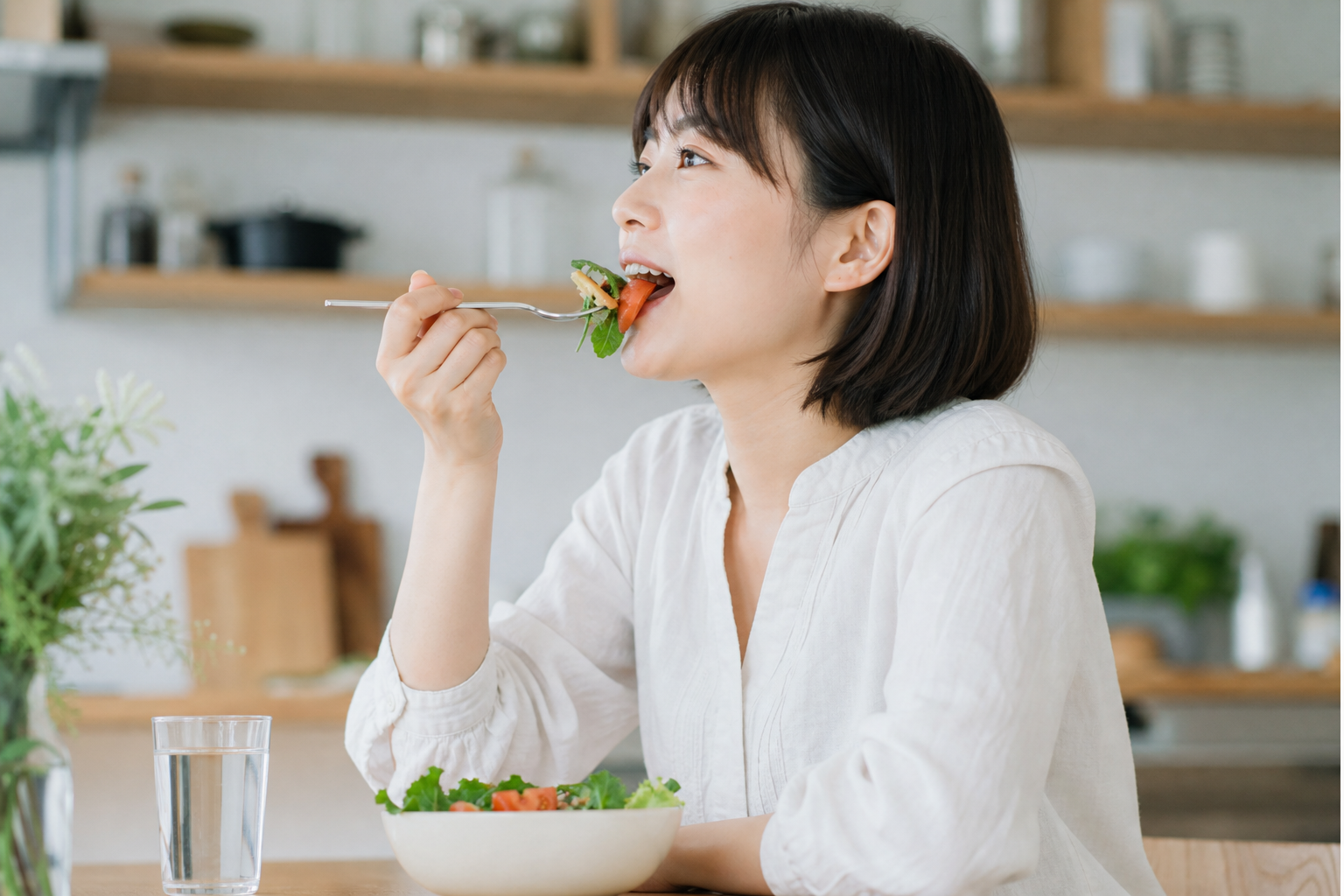 明るいキッチンで野菜を食べる日本人女性