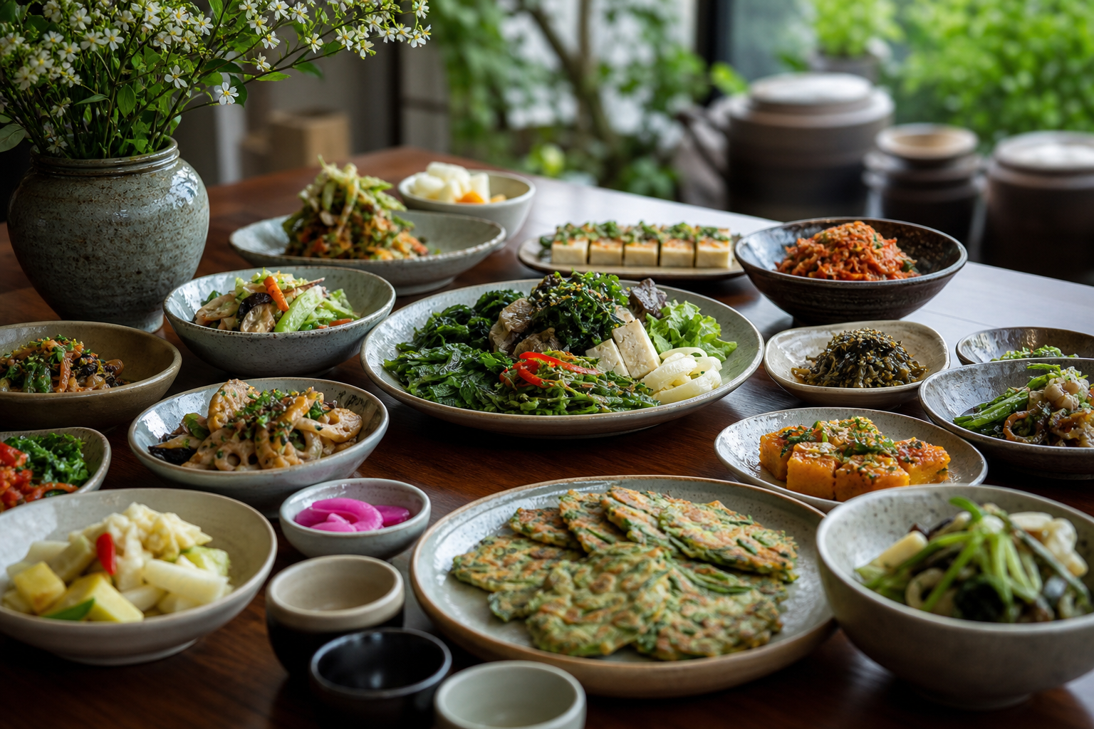 제철 식재료로 차려진 한국식 연회 테이블