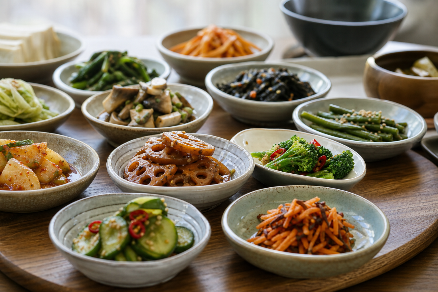 다양한 색감과 맛의 비건 반찬은 풍성한 식탁을 완성합니다.