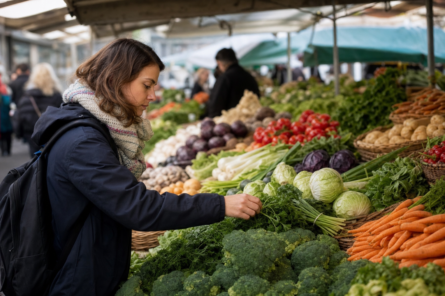 A person carefully selecting fresh vegetables at a vibrant outdoor market stall.