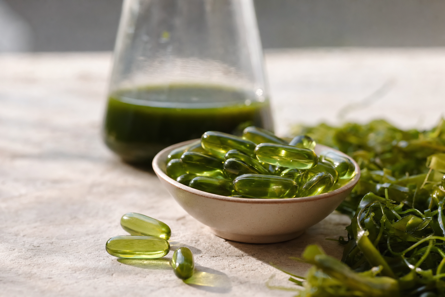 Awọn afikun eweko omi okun ti a fọ (algae) ti o pese EPA ati DHA.