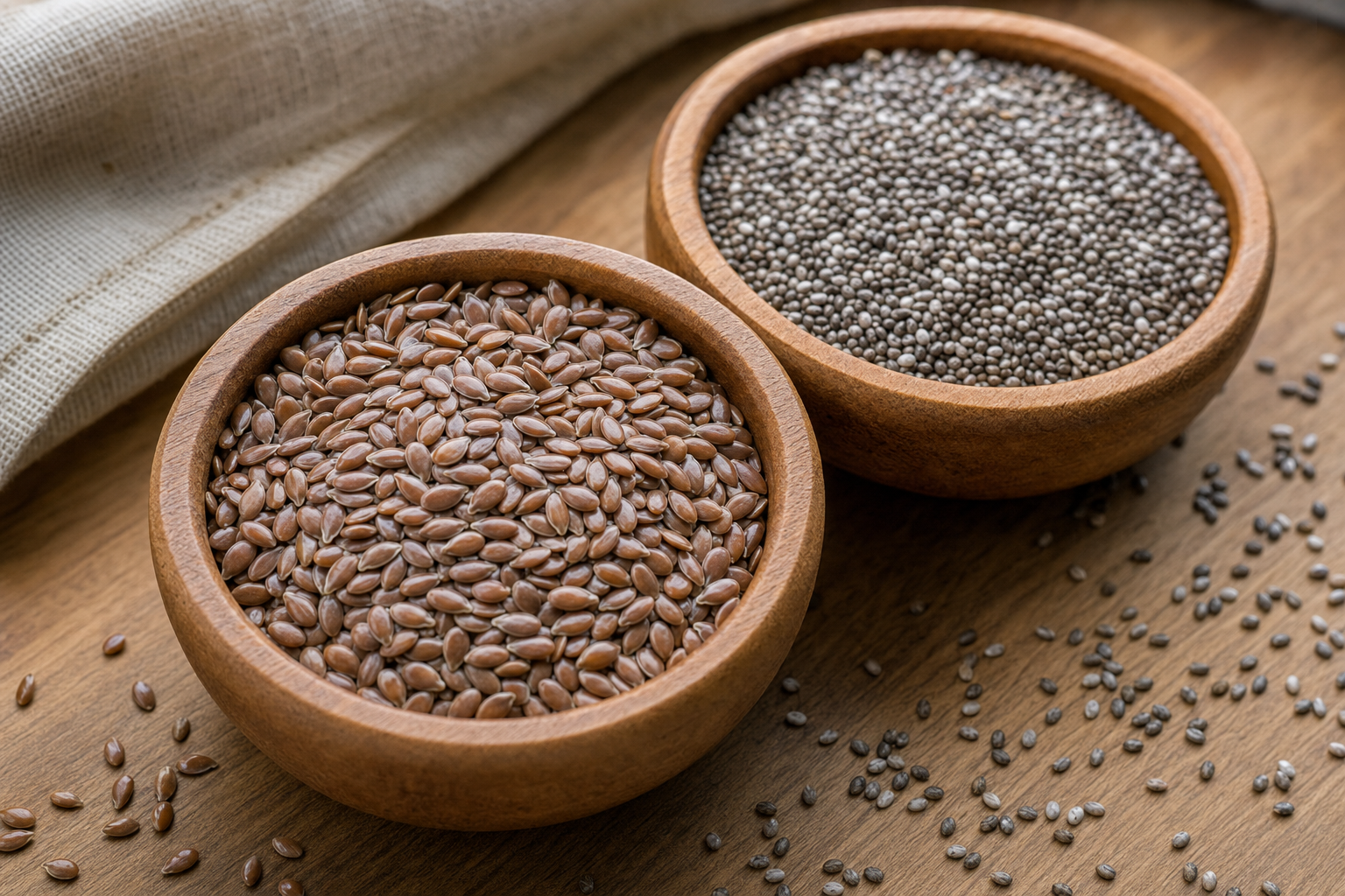 Awọn irugbin Flaxseed ati Chia, awọn orisun ALA Omega-3 ti o lagbara.