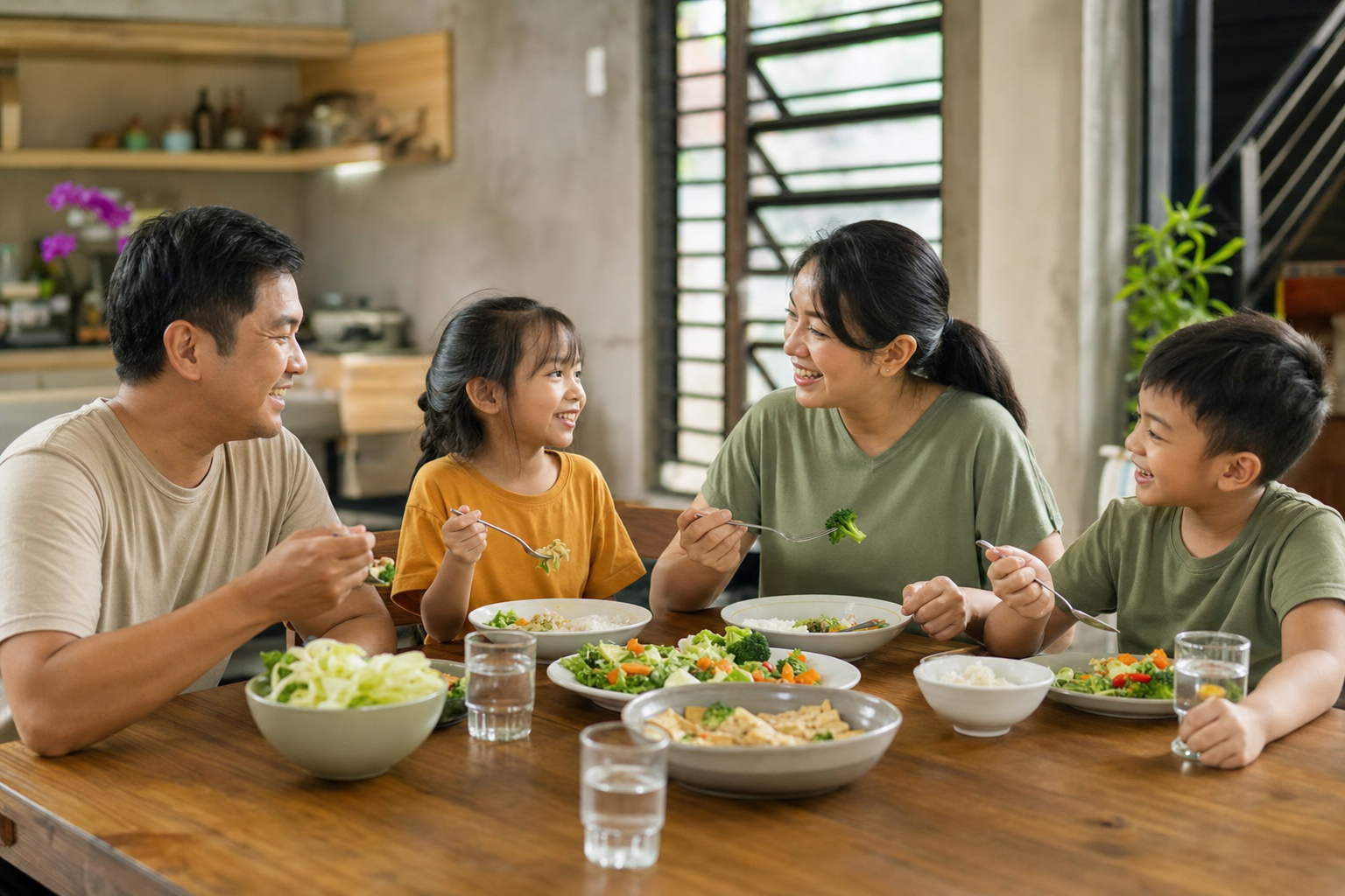 Isang pamilyang Pilipino na masayang kumakain ng masustansyang pagkain.