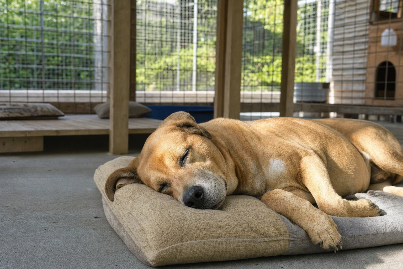 A rescued dog finds peace and security in its sanctuary home.