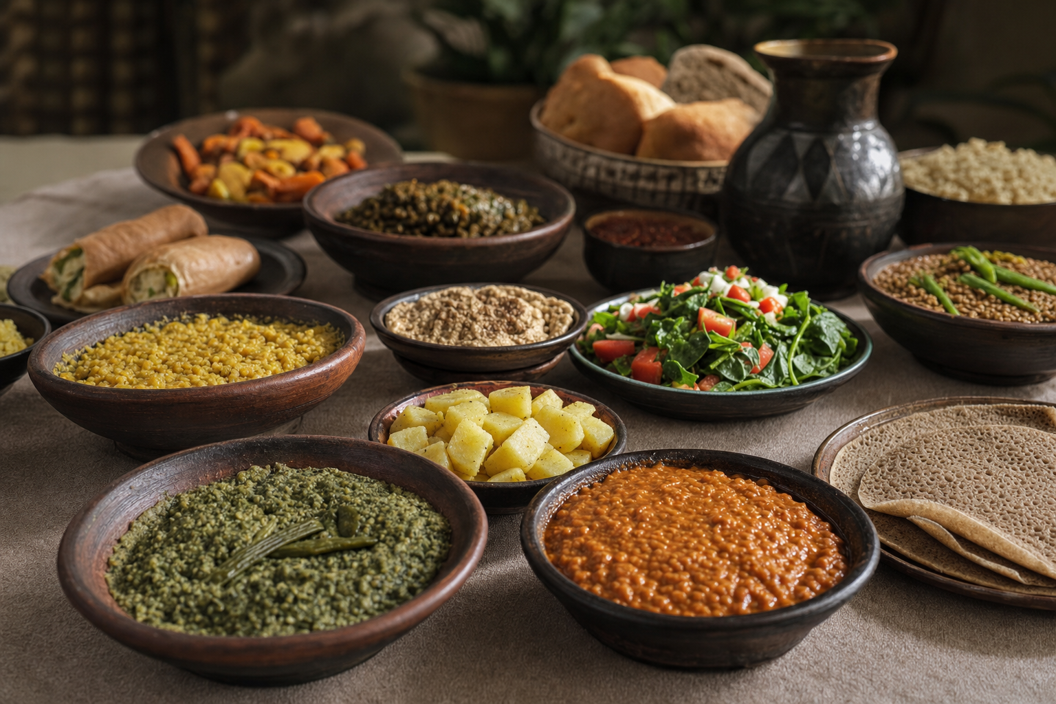 የኢትዮጵያ ኦርቶዶክስ ጾም ምግብ አይነት የተሞላ ጠረጴዛ