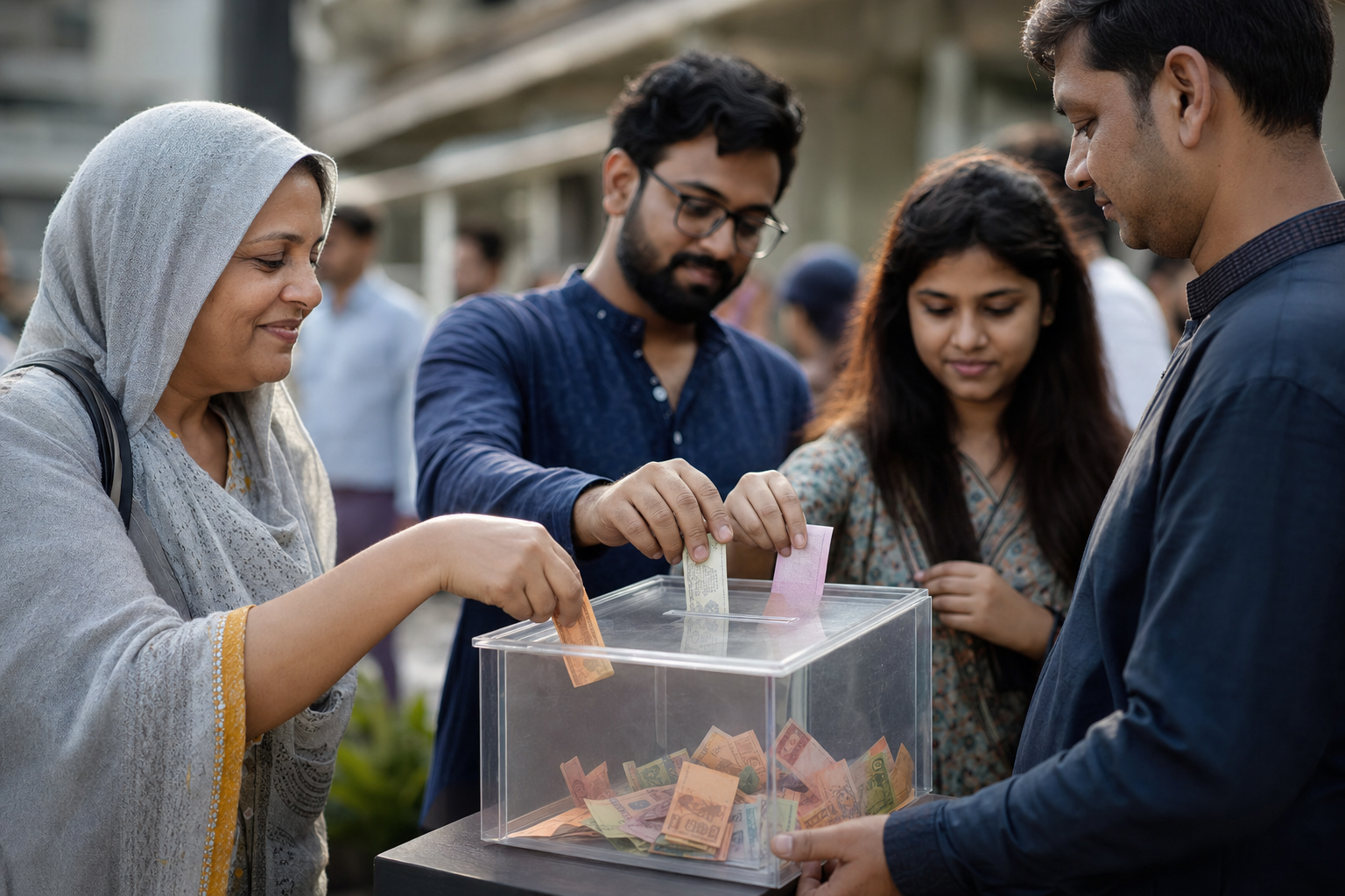 মানুষ দাতব্য সংস্থার জন্য অর্থ সংগ্রহ বাক্সে দান করছে