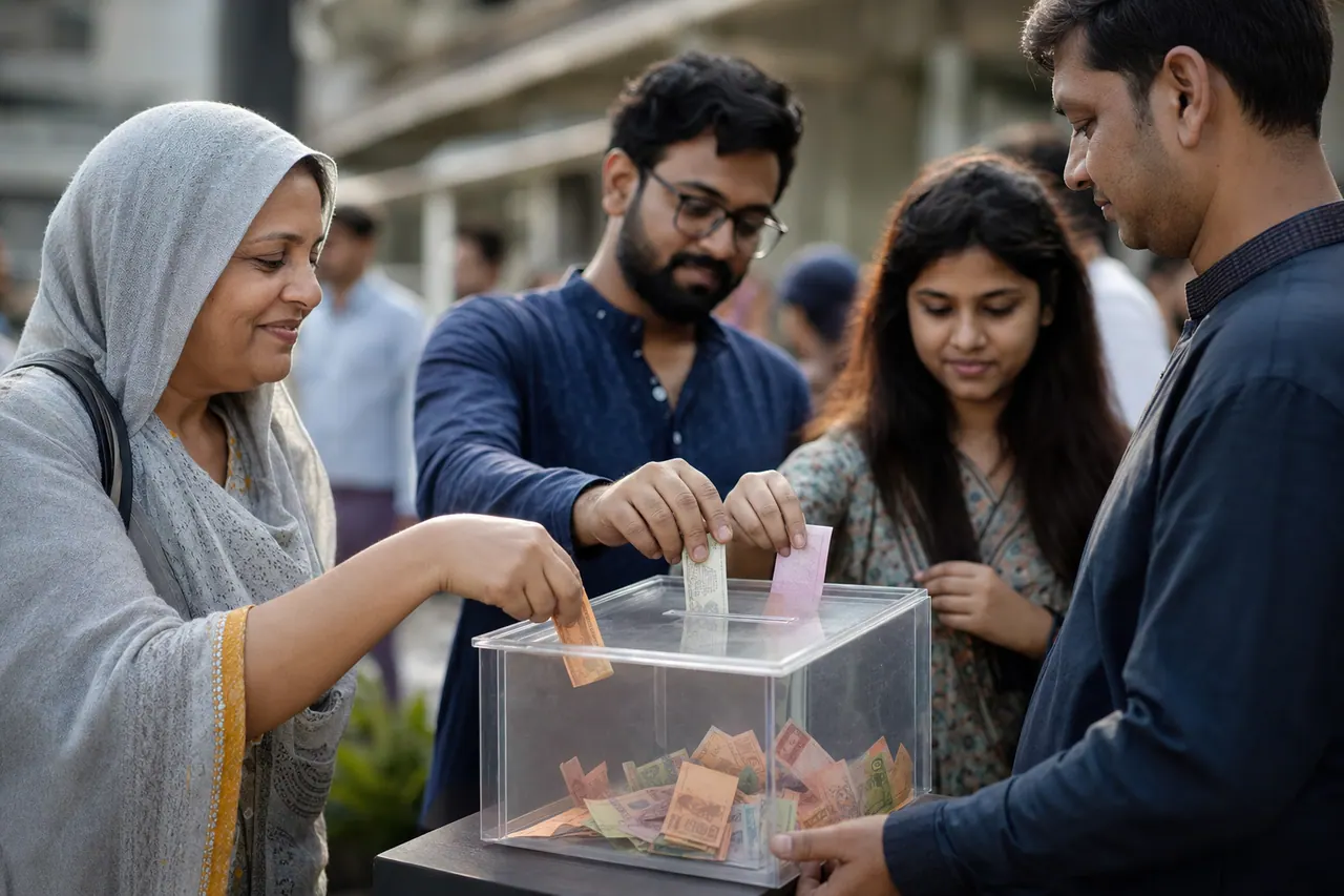 মানুষ দাতব্য সংস্থার জন্য অর্থ সংগ্রহ বাক্সে দান করছে