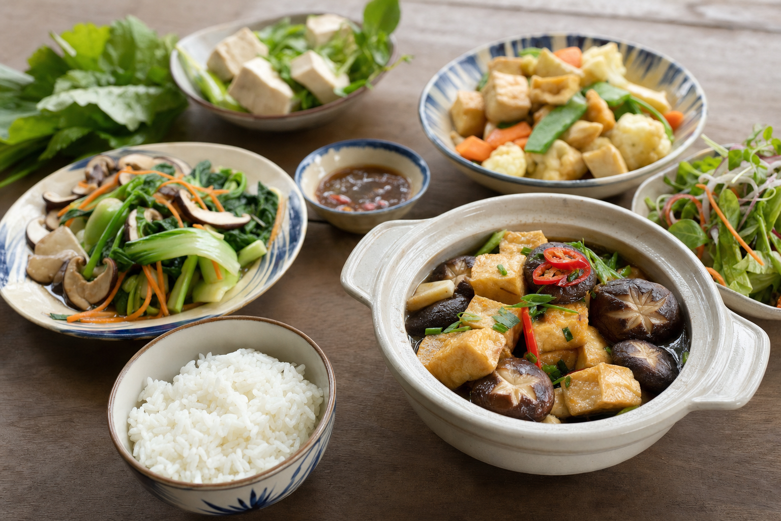 Ẩm thực chay Việt Nam đa dạng với đậu hũ, rau xanh và nấm.