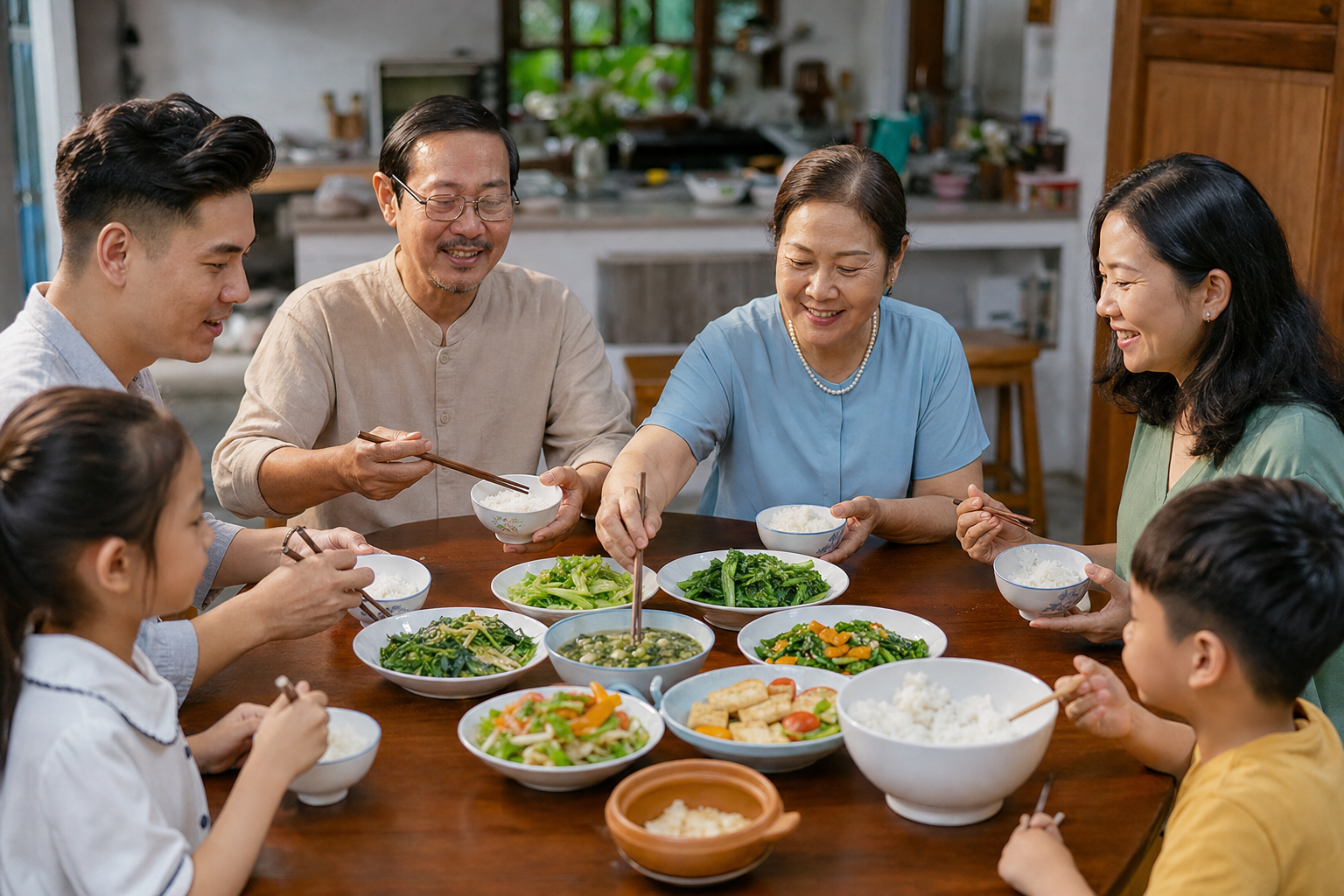 Bữa cơm gia đình Việt Nam với nhiều món rau luộc, xào, canh.