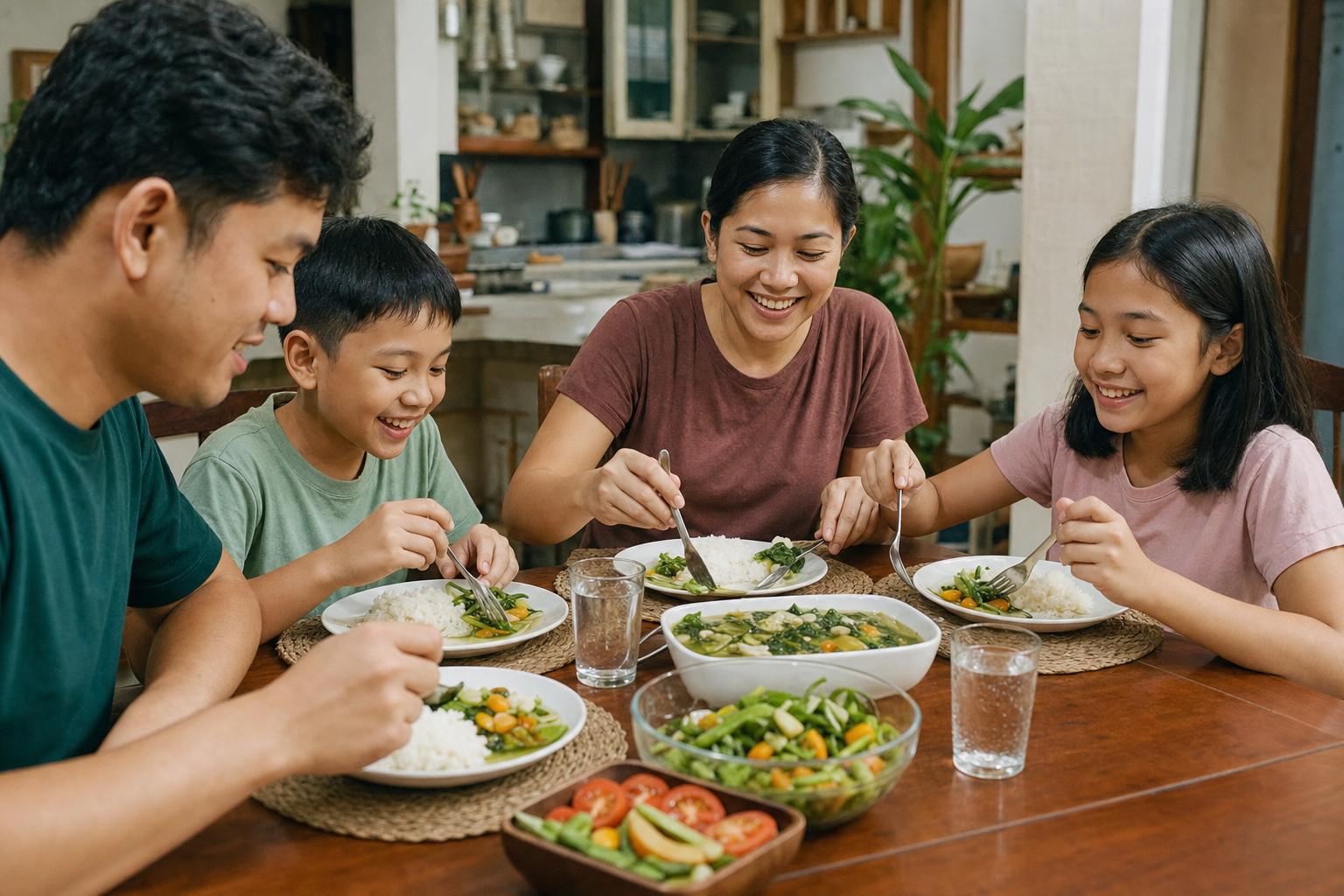 Isang pamilyang Pilipino na masayang kumakain ng mga gulay at kanin sa kanilang hapag-kainan.