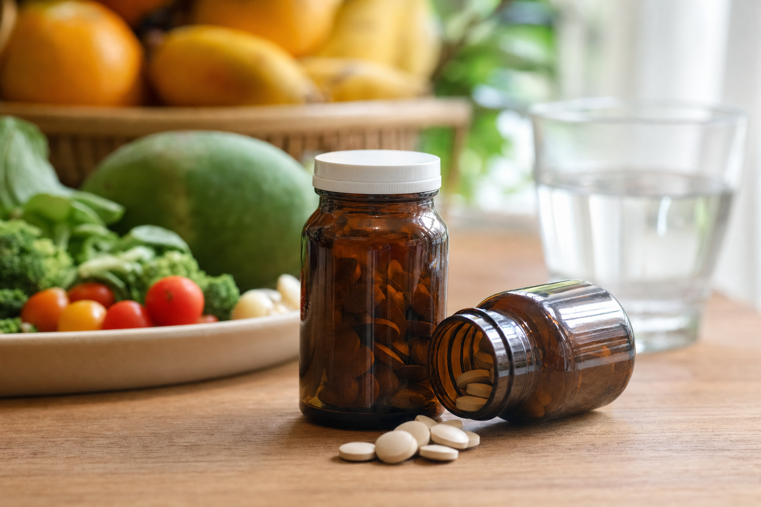 Mga bote ng Vitamin B12 supplements, isang mahalagang katuwang para sa mga vegan.