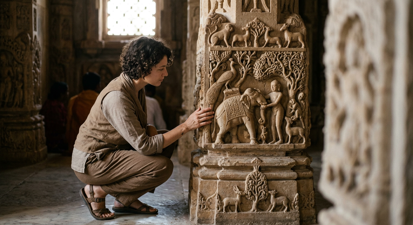 Ancient Jain carvings often depict a harmonious relationship between humans and the natural world, emphasizing the doctrine of non-injury.