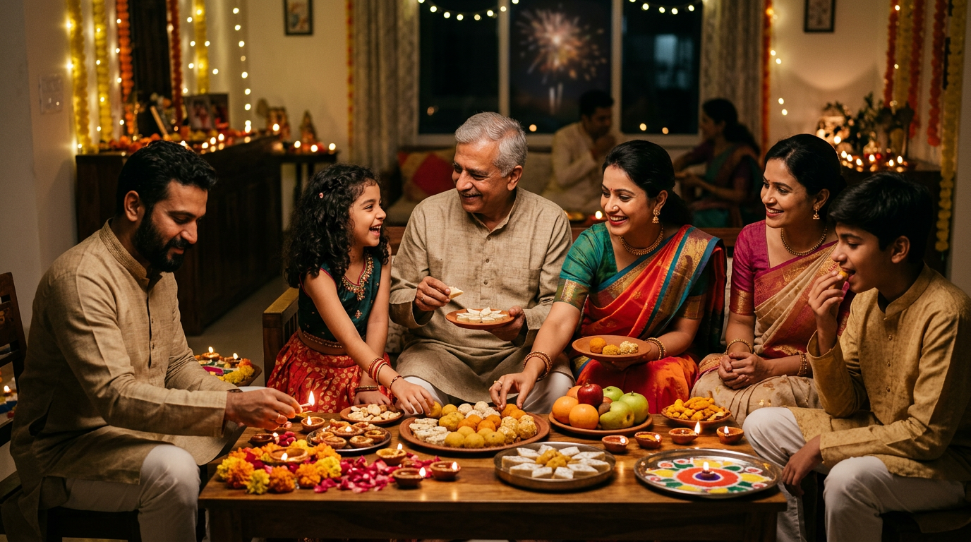 भारतीय परिवार दिवाली मना रहा है, जिसमें मिठाईयां और दीये शामिल हैं, कई सदस्य वीगन विकल्प चुन रहे हैं