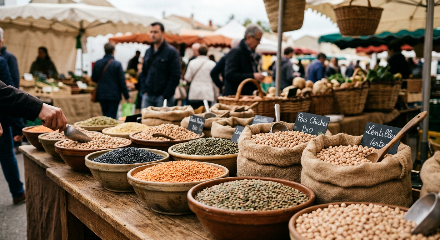 Lentilles et pois chiches disposés sur un étal de marché