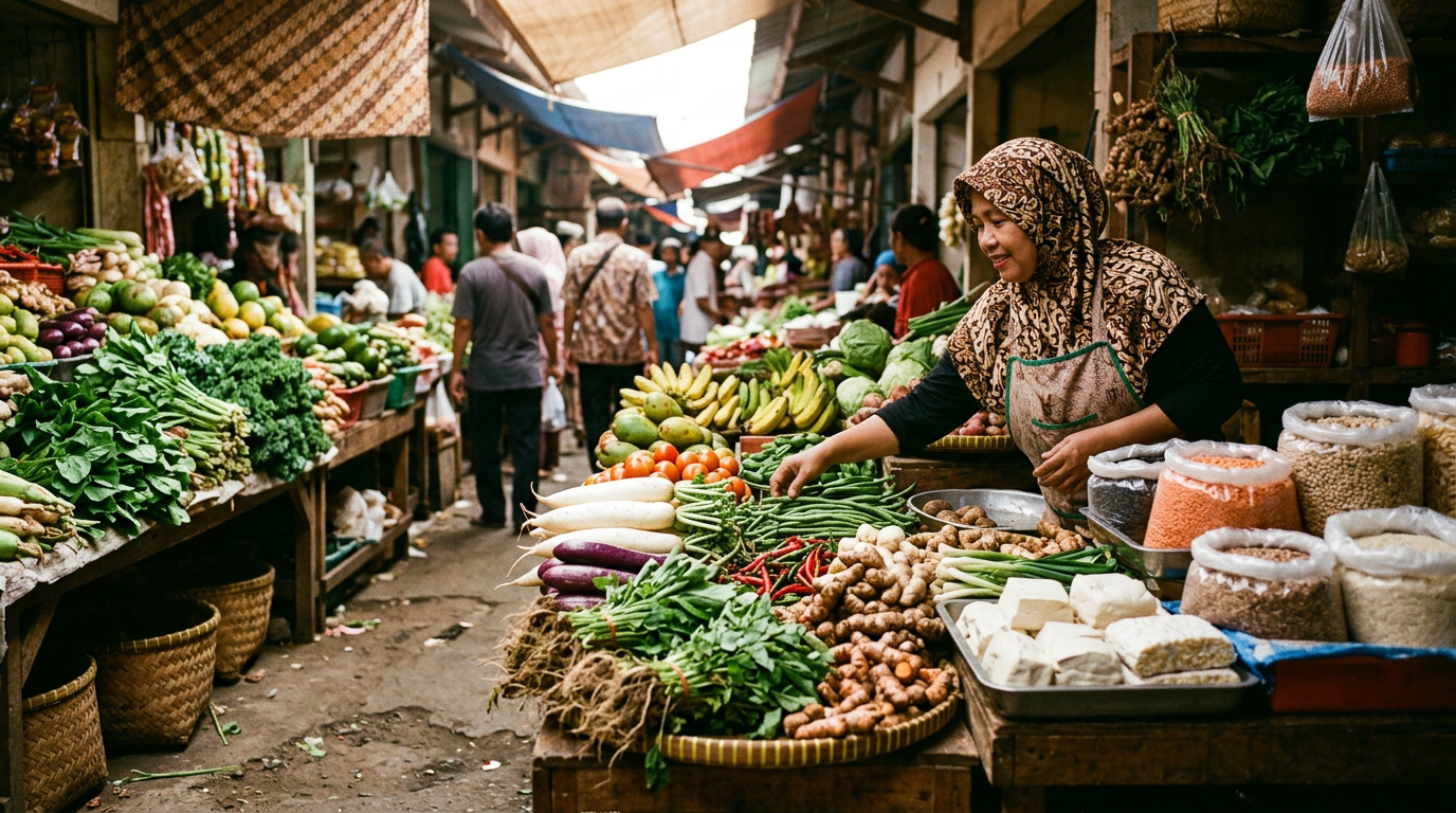 Stan pasar makanan Indonesia yang ramai dengan hasil bumi segar, menunjukkan keragaman produk lokal.