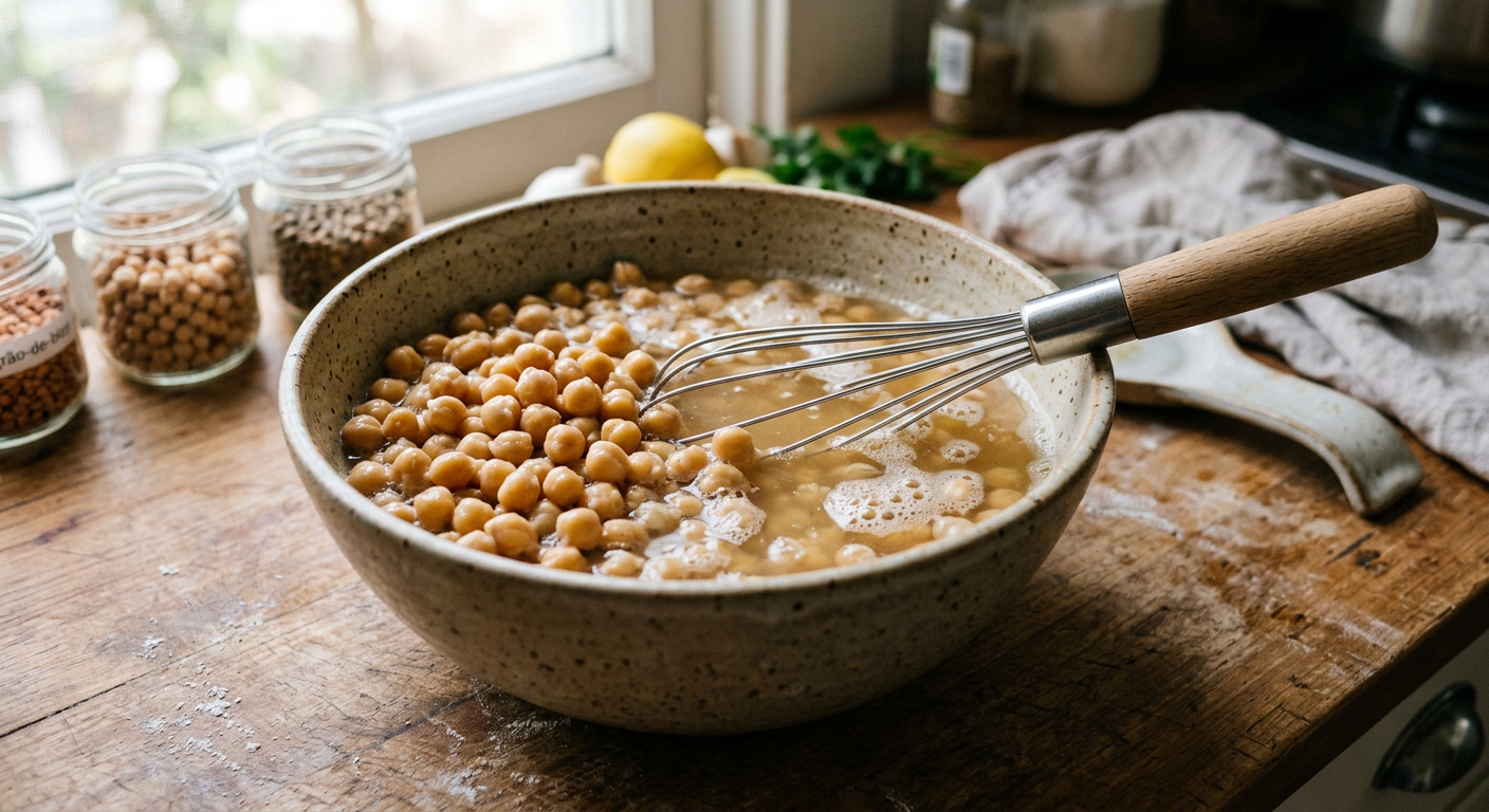 Tigela com grão-de-bico cozido e aquafaba, com um batedor ao lado, pronta para ser usada na culinária vegana.