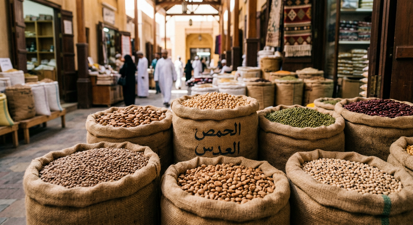تشكيلة واسعة من البقوليات المجففة في أكياس خيش بالسوق العربي.