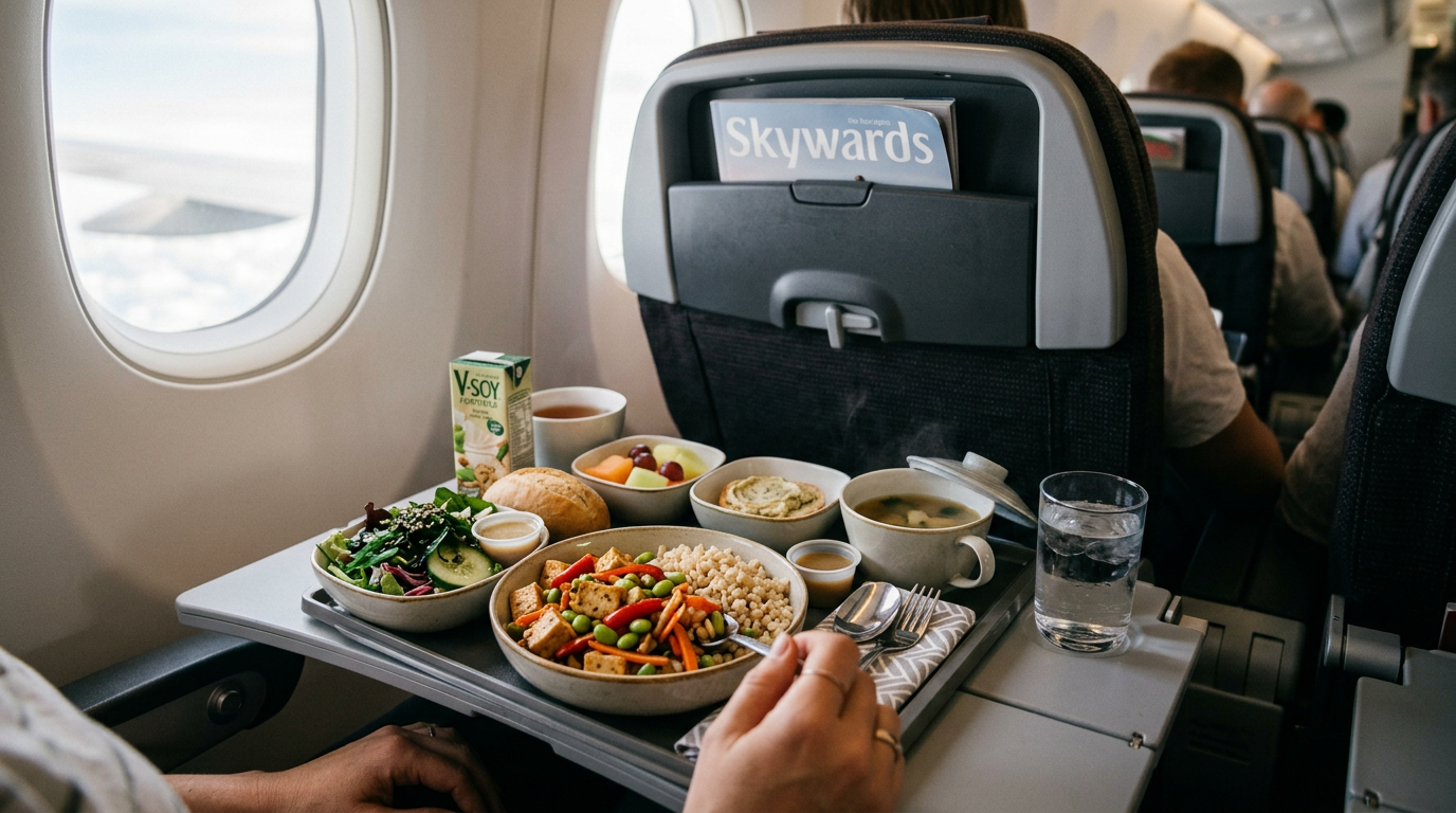 飛行機の客室内部、トレイテーブルに食事が置かれている様子