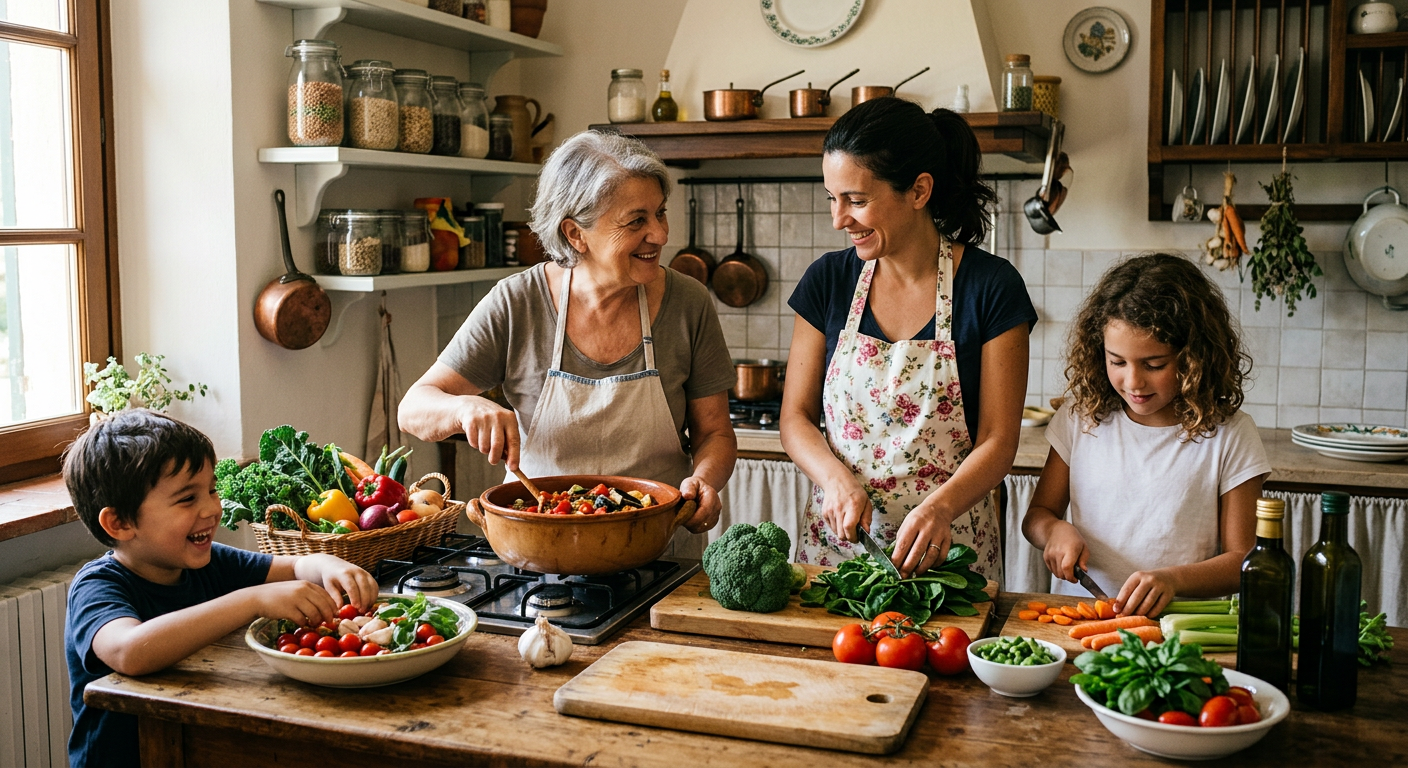 Famiglia italiana che cucina verdure fresche in cucina