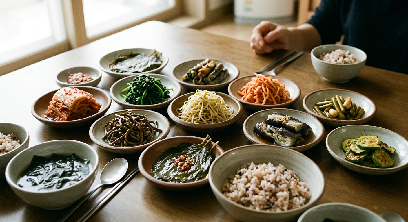 다양한 채소와 발효식품으로 구성된 한국의 반찬 상차림은 식물 기반 식단의 훌륭한 예시입니다.