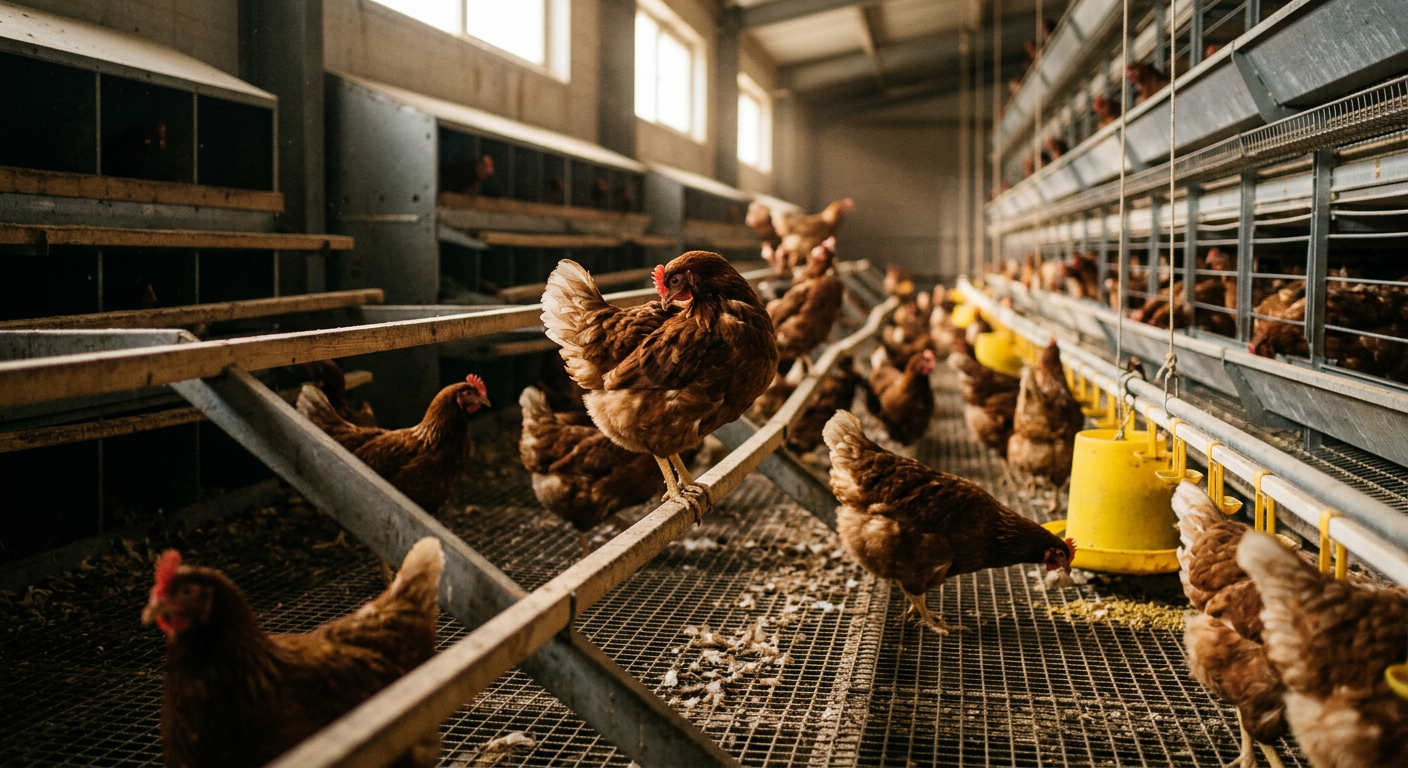 Un sistema aviar permite a las gallinas moverse y exhibir comportamientos naturales.