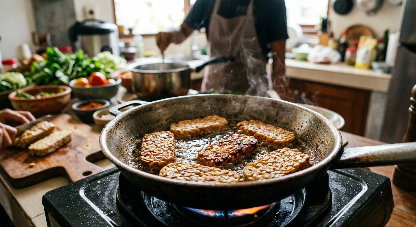 Tempe, protein nabati serbaguna yang menjadi andalan dalam masakan vegan Indonesia.