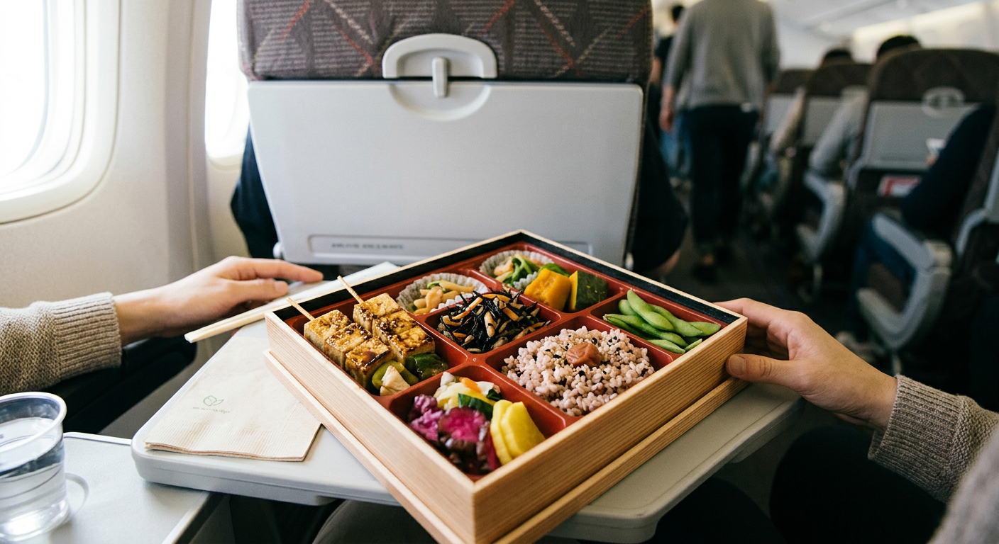 日本の駅弁にも見られるような、彩り豊かな菜食弁当は機内食の参考になります。