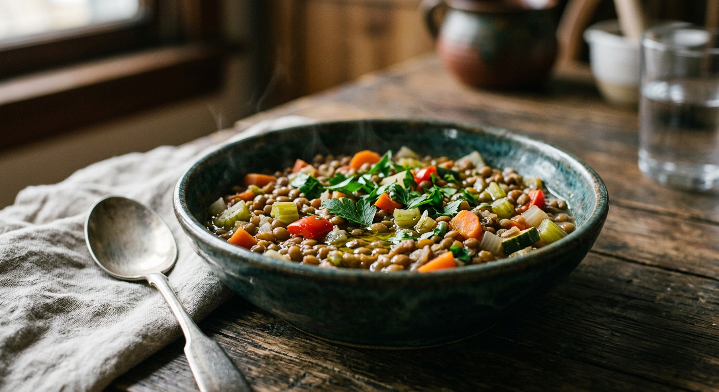 Una ciotola ricca di lenticchie e verdure miste, un esempio di pasto vegano completo.