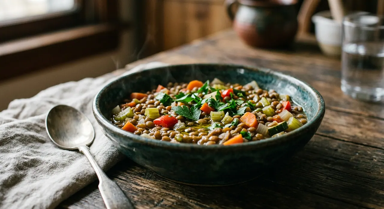 Una ciotola ricca di lenticchie e verdure miste, un esempio di pasto vegano completo.