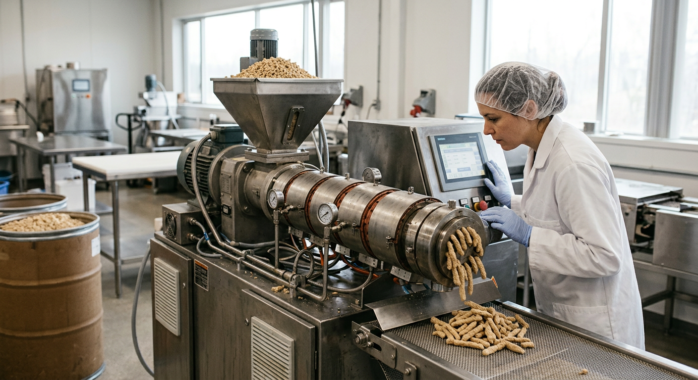 Une extrudeuse alimentaire, outil clé pour la création de textures de protéines végétales.