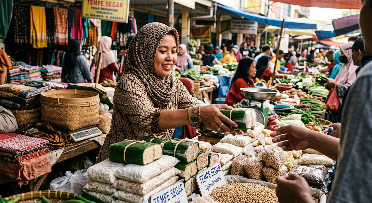 Pedagang tempe di pasar tradisional Surabaya, menunjukkan peran penting produk nabati dalam ekonomi lokal.