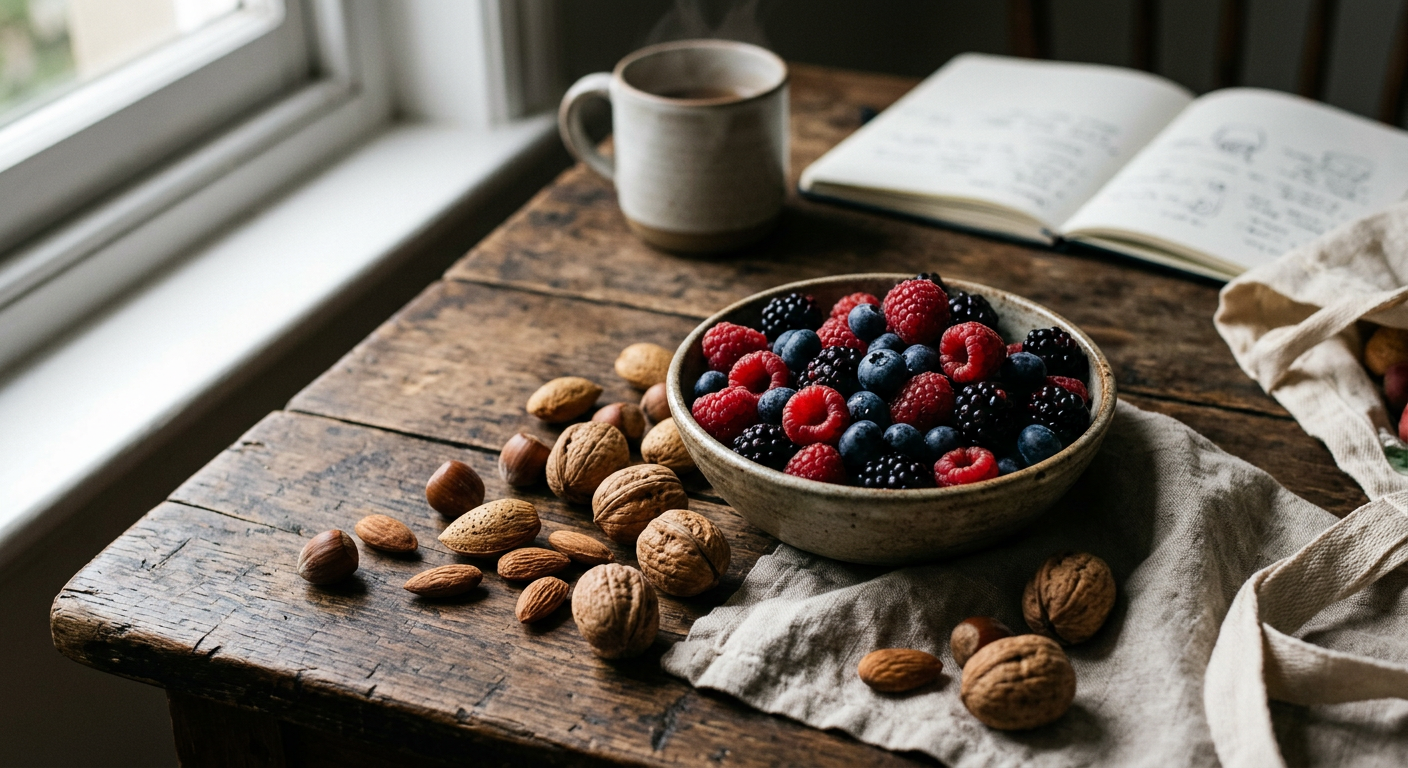 Saisonale Beeren und Nüsse liefern wichtige Antioxidantien und gesunde Fette.