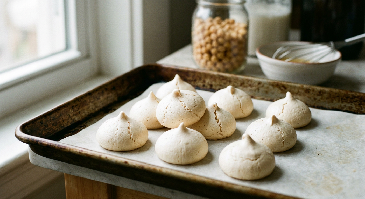 Merengues veganos feitos com aquafaba, provando a sua capacidade de criar texturas leves e crocantes.