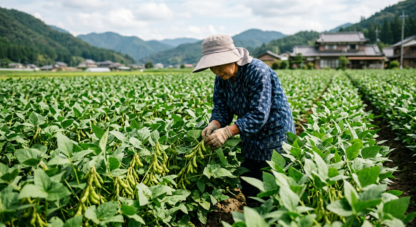 日本の大豆畑。大豆は豆腐や味噌など、日本の食卓に欠かせない食材です。