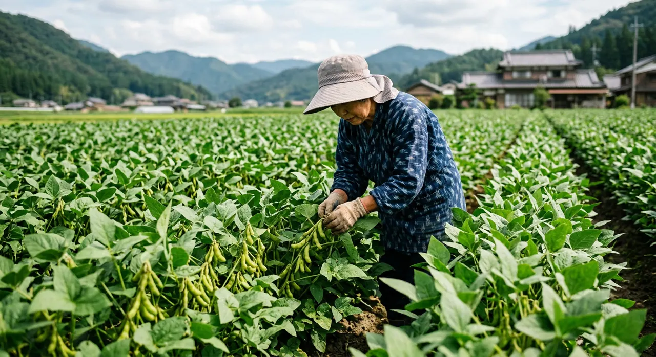 日本の大豆畑。大豆は豆腐や味噌など、日本の食卓に欠かせない食材です。