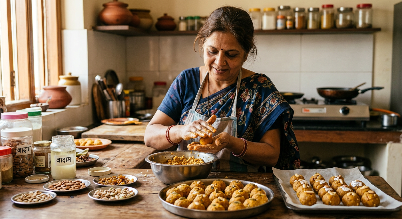 एक भारतीय महिला त्योहारों के लिए वीगन मिठाइयाँ तैयार कर रही है, जो रचनात्मकता और स्वाद का एक शानदार उदाहरण है।