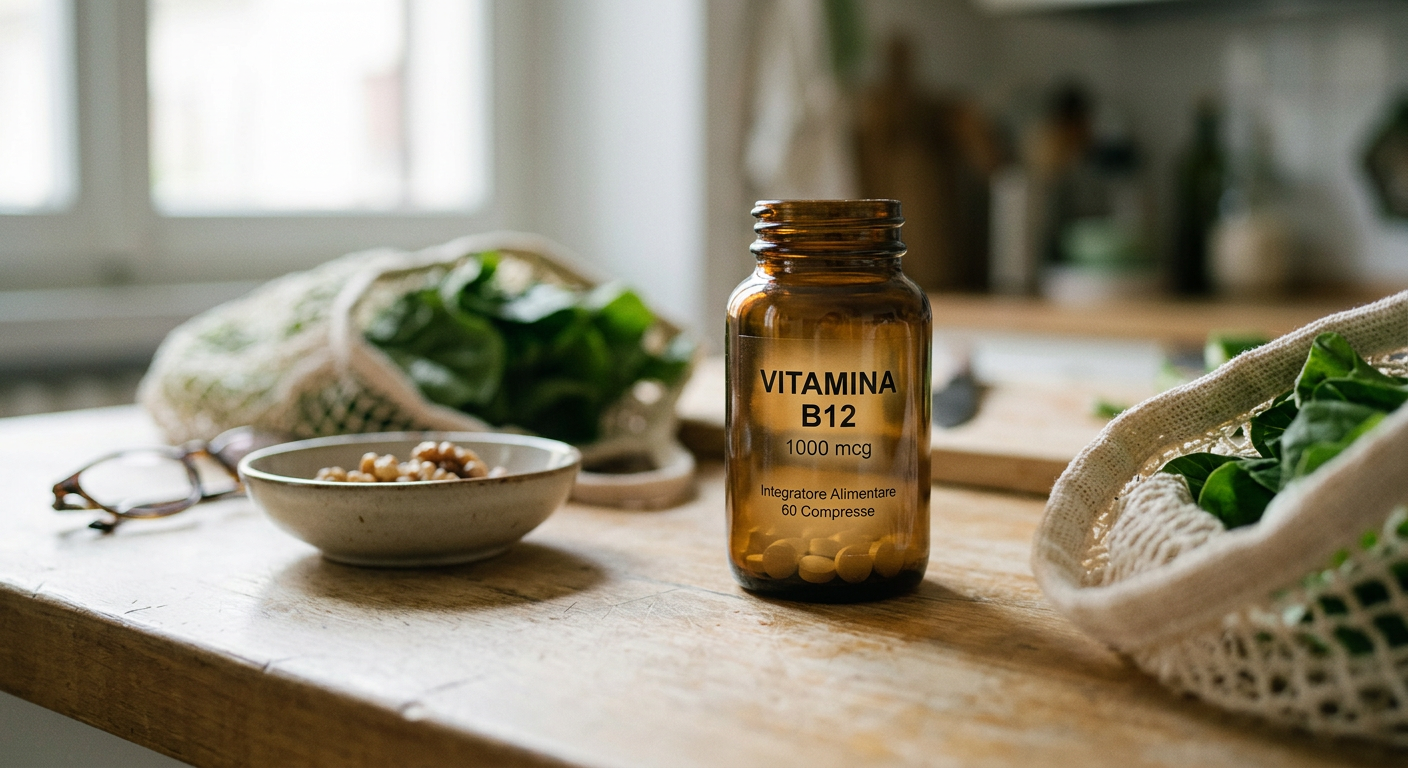 Un integratore di Vitamina B12, essenziale per una dieta vegana completa.