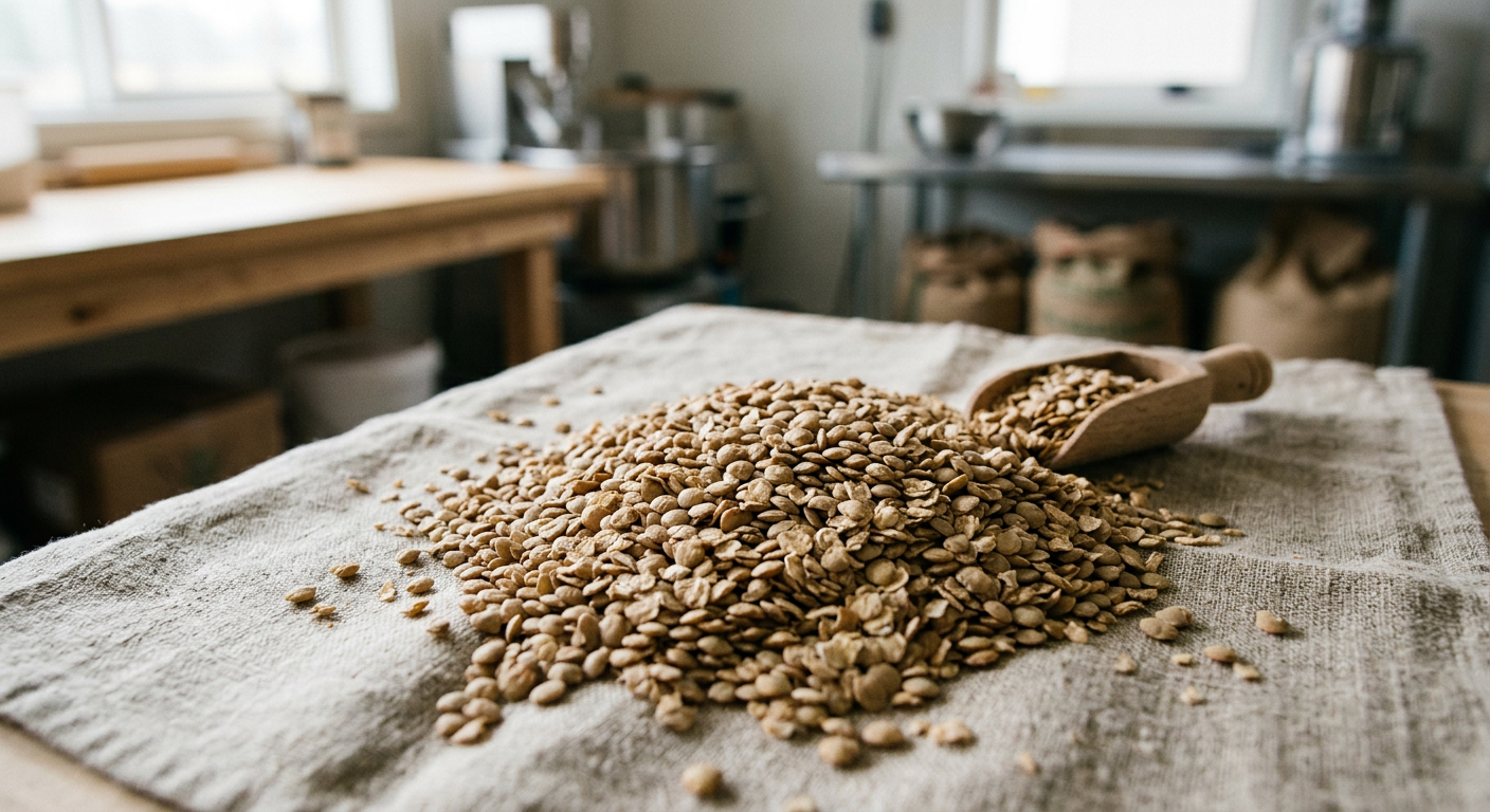 Flocons de lentilles déshydratés, concentrés de protéines et de nutriments.
