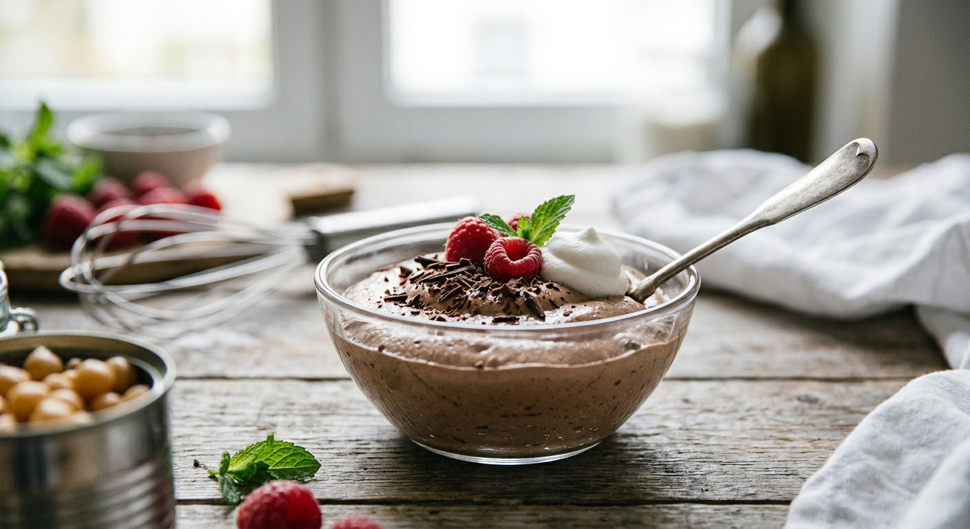 Uma deliciosa mousse de chocolate vegana, demonstrando a versatilidade da aquafaba em sobremesas.