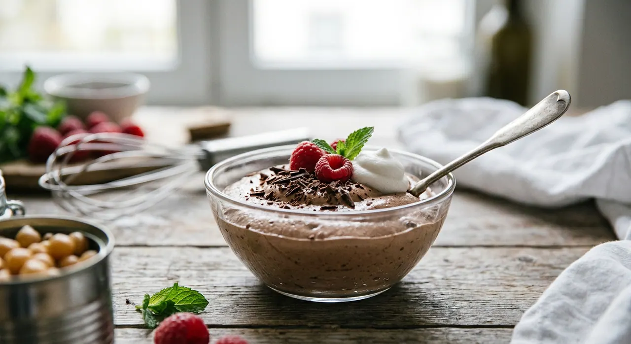 Uma deliciosa mousse de chocolate vegana, demonstrando a versatilidade da aquafaba em sobremesas.