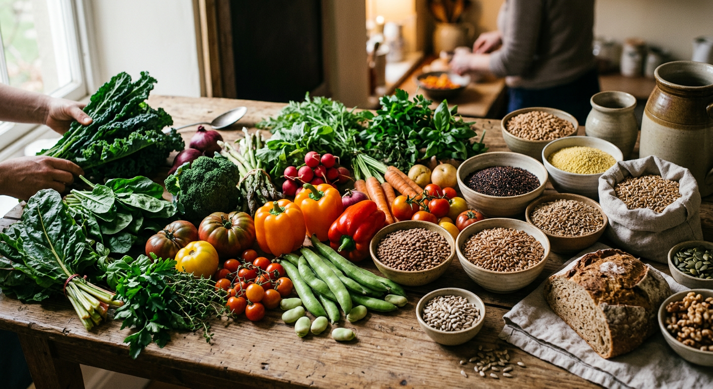 Eine bunte Vielfalt an Gemüse und Vollkornprodukten bildet die Basis einer gesunden, veganen Sporternährung.