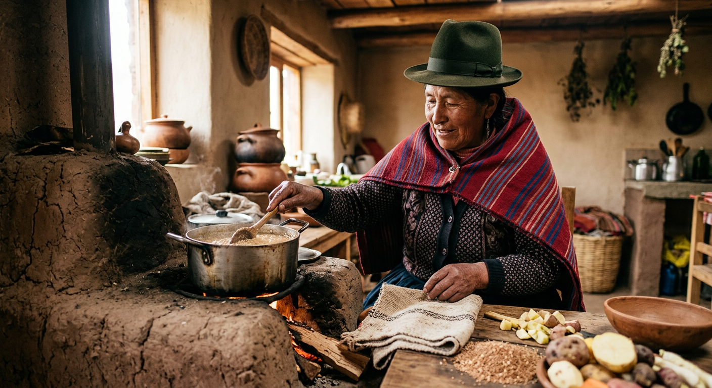 Andes urqukunapi warmimanta qañiwa mikunata ruwasqan.