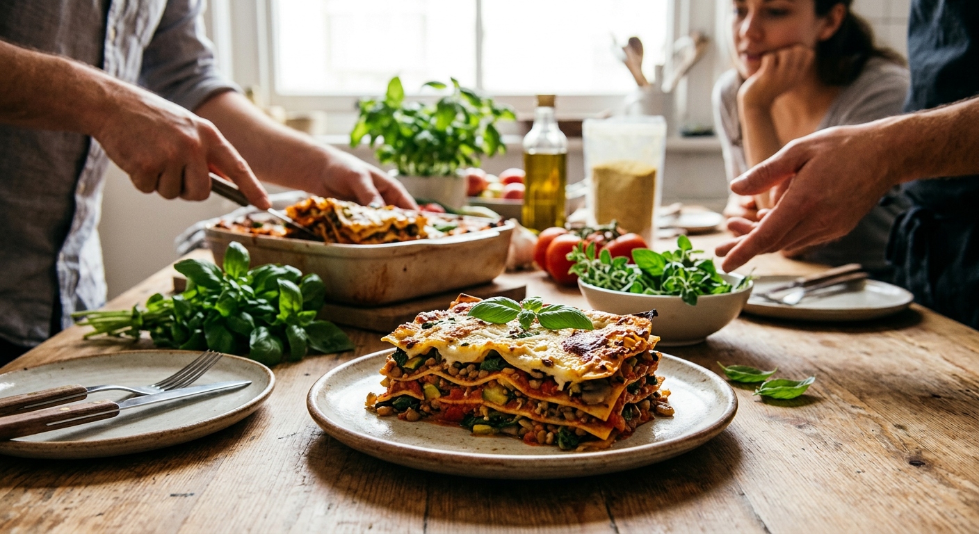 Una lasagna vegana preparata con verdure fresche, dimostrazione della versatilità della cucina vegetale.
