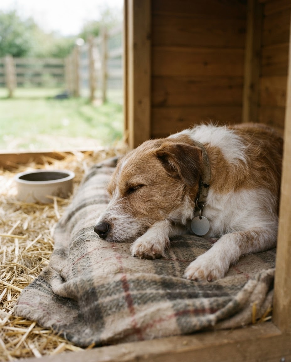 A rescued dog finds peace and security in its sanctuary home.