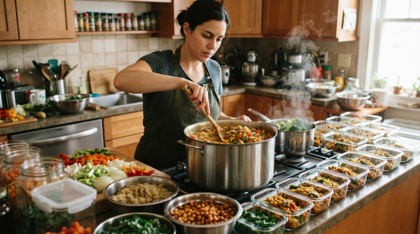 Bir kişinin mutfakta büyük bir parti vegan yemek hazırlaması