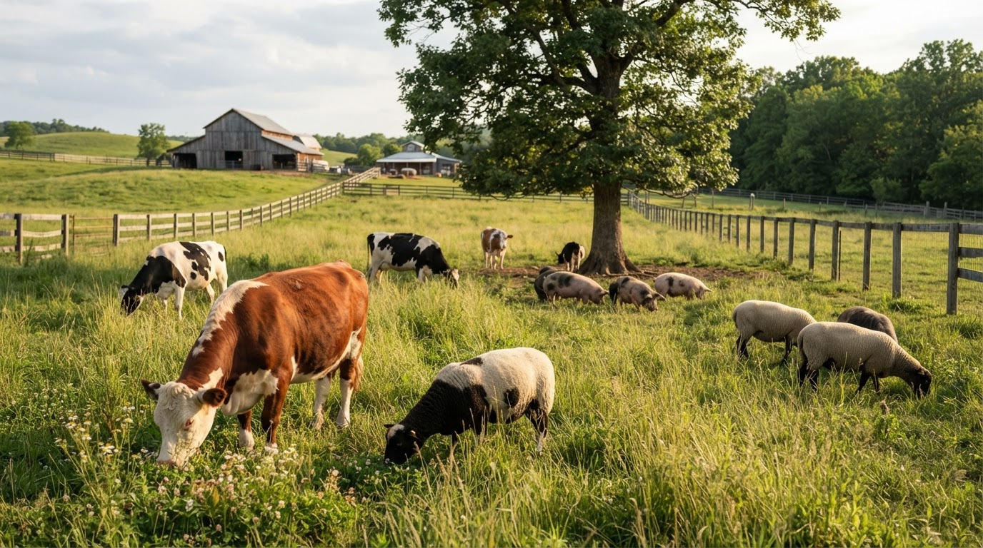 Rescued farm animals like cows, sheep, and pigs peacefully grazing in a sunlit meadow.