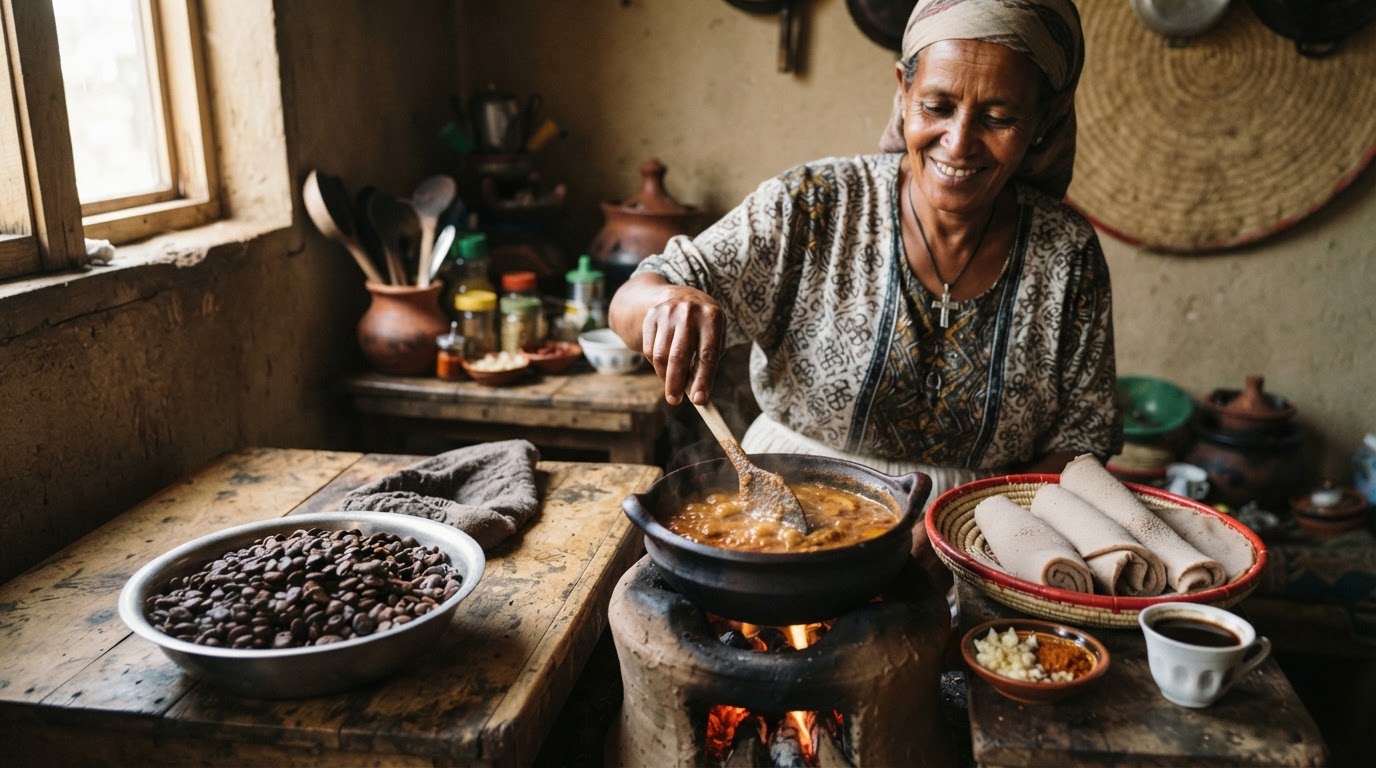 የኢትዮጵያ ሴት ሴት ከእንጀራ እና ሽሮ ጋር የምታበስል