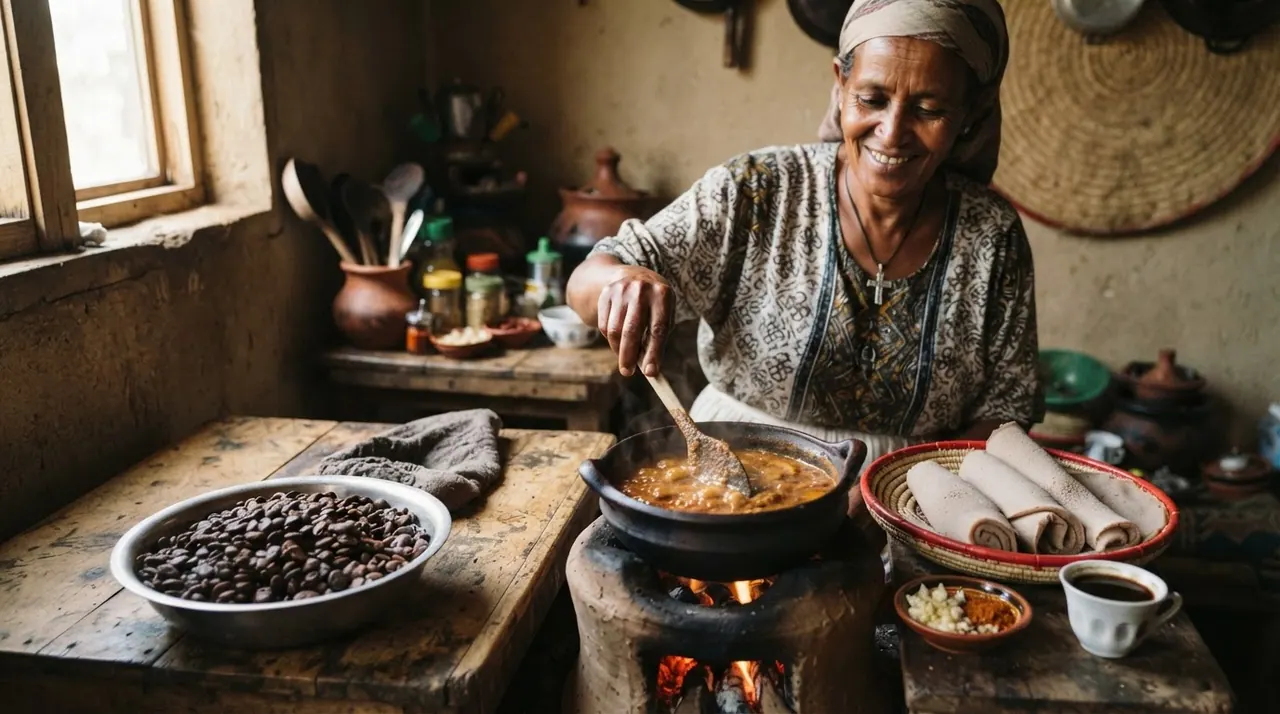 የኢትዮጵያ ሴት ሴት ከእንጀራ እና ሽሮ ጋር የምታበስል