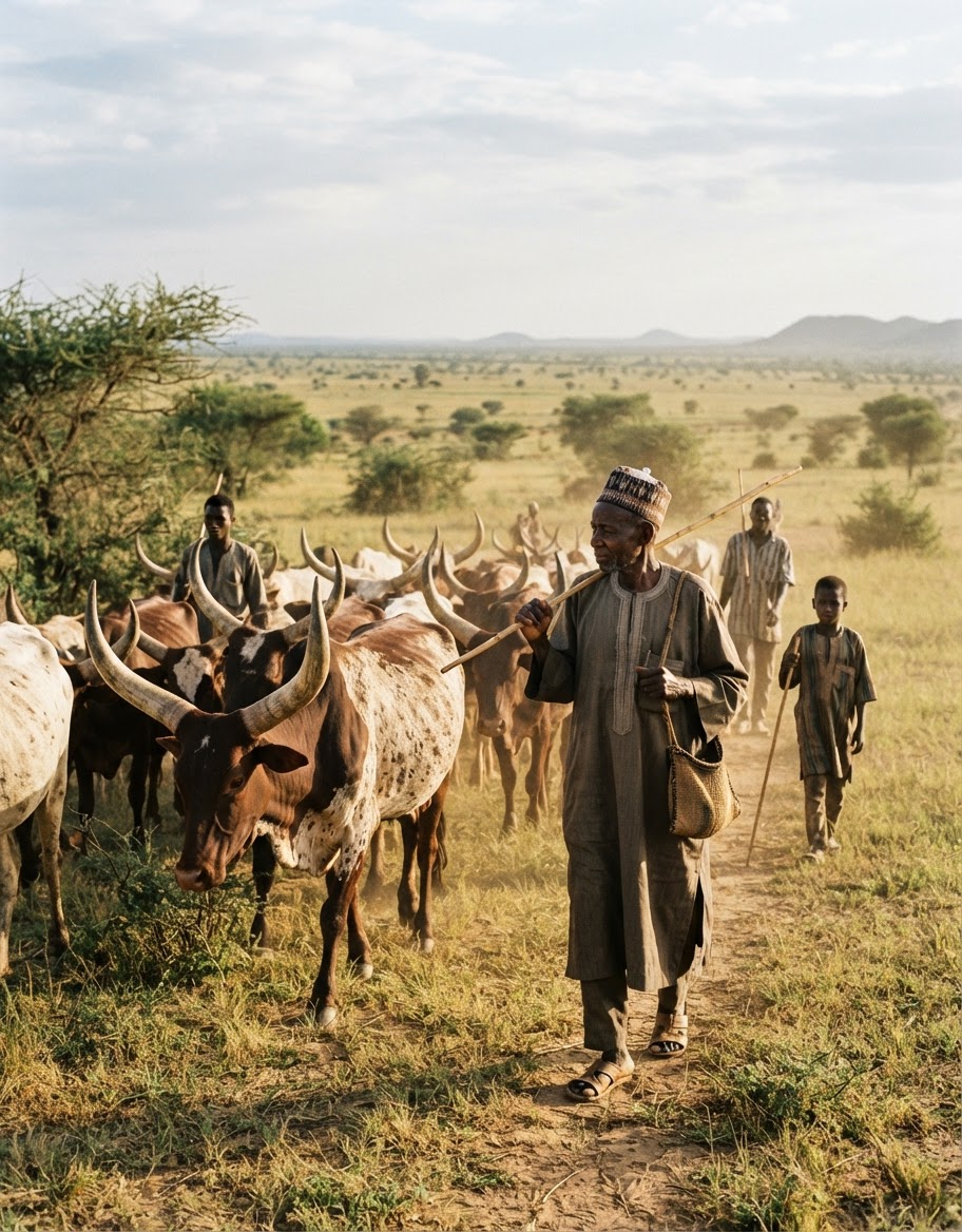 Wasu makiyaya Fulani tare da shanu a cikin savanna na yankin Sahel.
